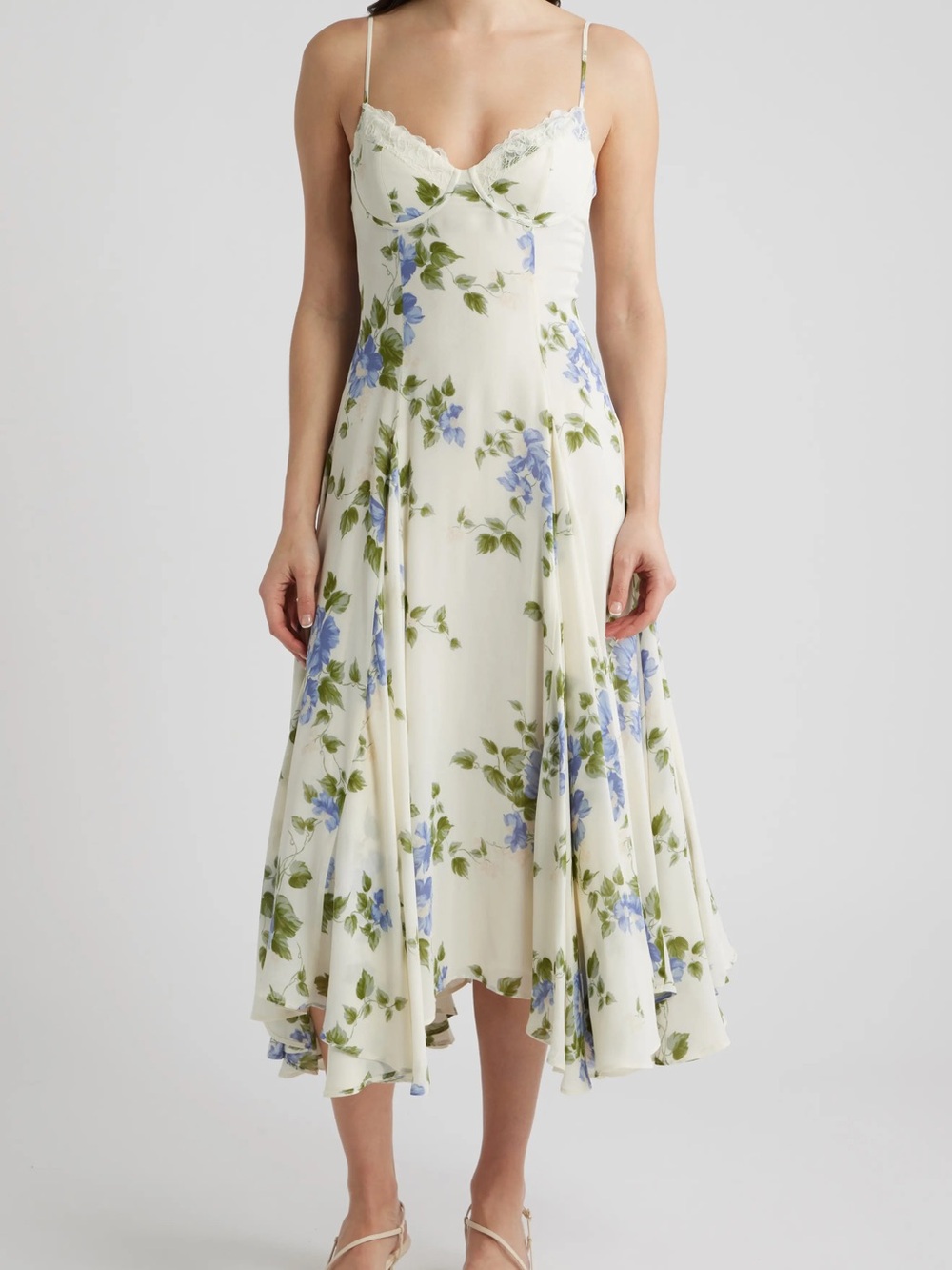 Reformation Cream Slip Dress with Blue Floral Print